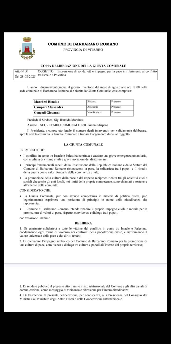 Barbarano Romano, delibera della Giunta Comunale: Solidarietà e Impegno per la Pace - Uncategorized