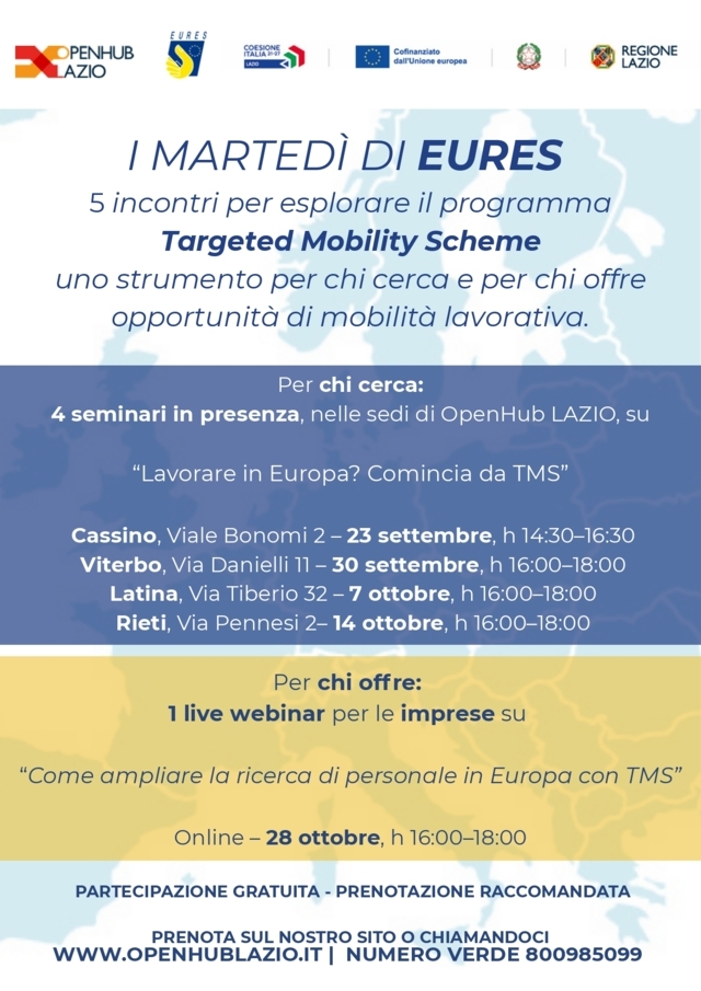 "I Martedì di EURES" martedì 30 Settembre OpenHub Lazio sede di Viterbo - Uncategorized